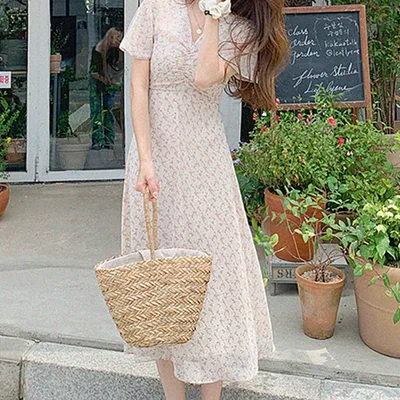 Women's French Retro Chiffon Floral Dress Apricot - Shop at LoveMi