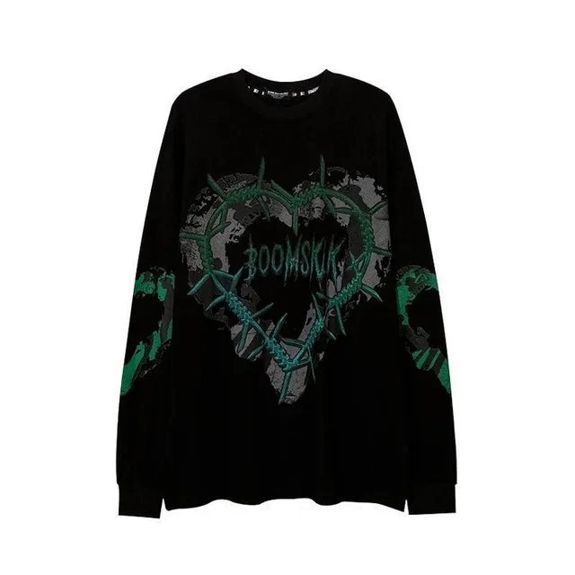 European And American Street Large Size Thin Long sleeved T shirt Round Neck Sweater Ins Harajuku Gothic Punk Printed Top Black - Shop at LoveMi