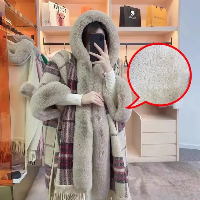 Women's New Loose Plaid And Fleece Collar Knitted Shawl Cape Beige Red Velvet - Shop at LoveMi