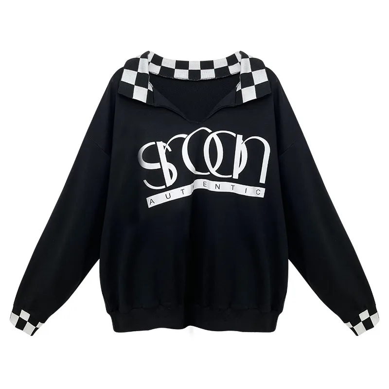 Letter Checker Lapel Pullover Sweatshirt Navy Blue - Shop at LoveMi