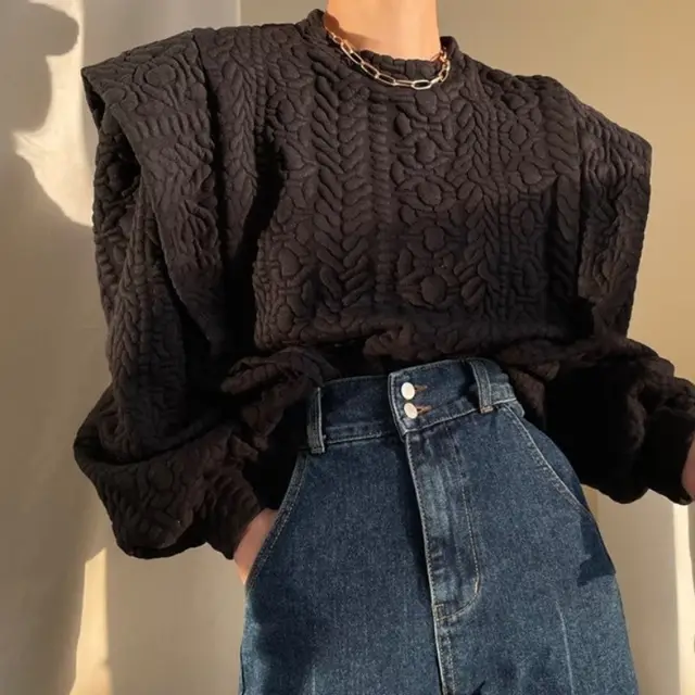 Women's New Round Neck Texture Loose Stitching Long Sleeve Sweater Black - Shop at LoveMi