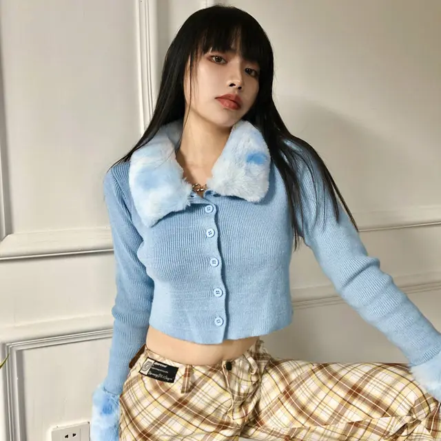 Style Fur Collar Thread Breasted Small Cardigan Autumn And Winter New Short Coat Slimming Patchwork All match Warm Color Top Blue - Shop at LoveMi