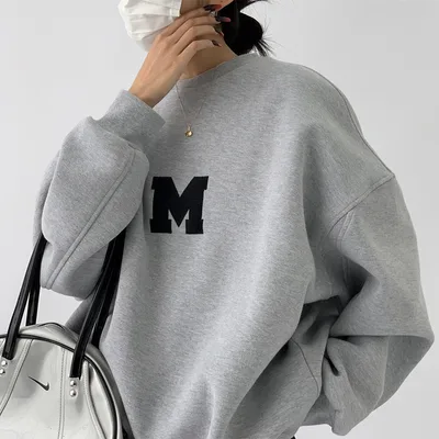 Women's Embroidered Compound Round Neck Sweatshirt Women Loose Grey - Shop at LoveMi