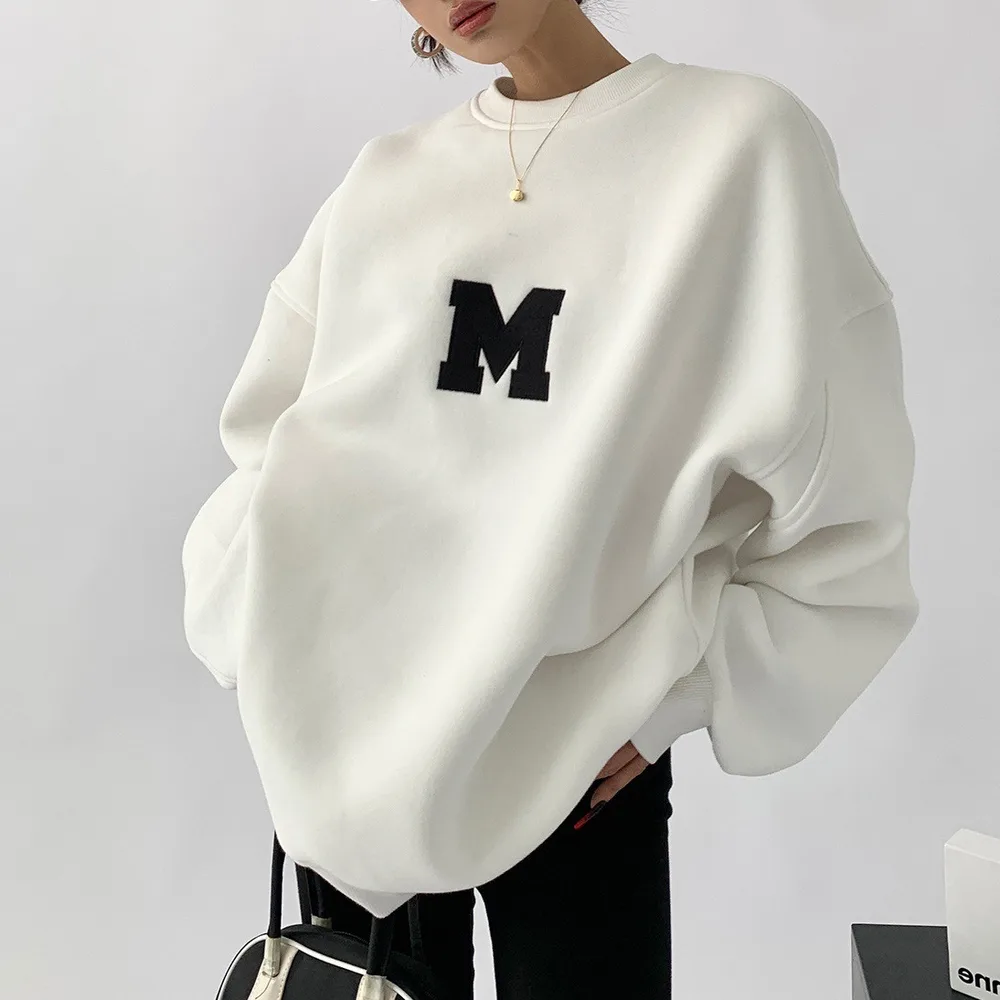 Women's Embroidered Compound Round Neck Sweatshirt Women Loose - White