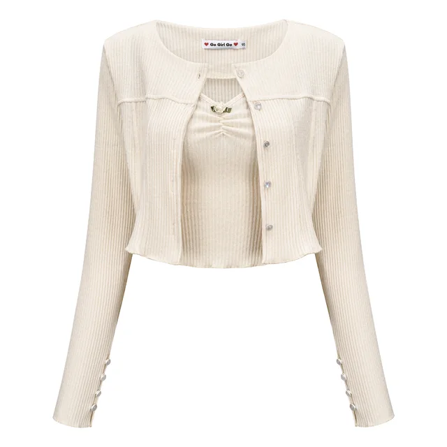 Retro Cute Flower Sling Rib Knit Cardigan Women's Suit Beige - Shop at LoveMi