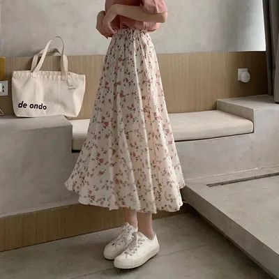 Chiffon Floral Skirt Women's Summer New High Waist Midi Skirt Apricot - Shop at LoveMi