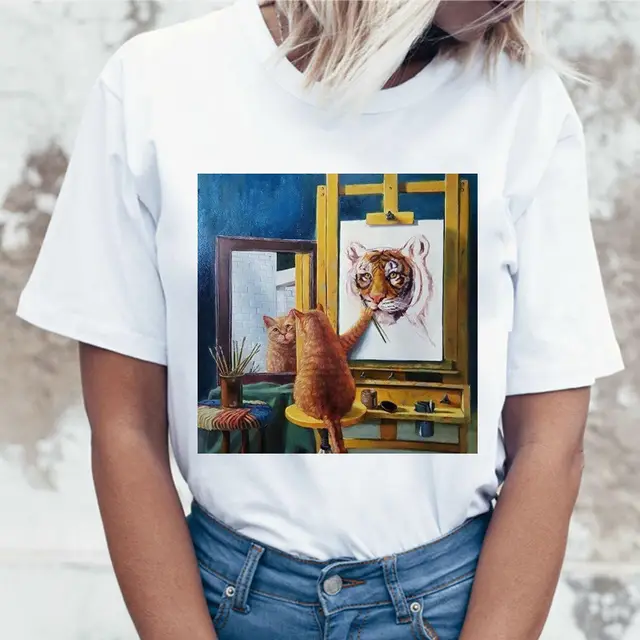 Spoof Cat Titanic Funny Van Gogh Impression Painting Printed T shirt Unisex Couple T shirt Street 2902 - Shop at LoveMi