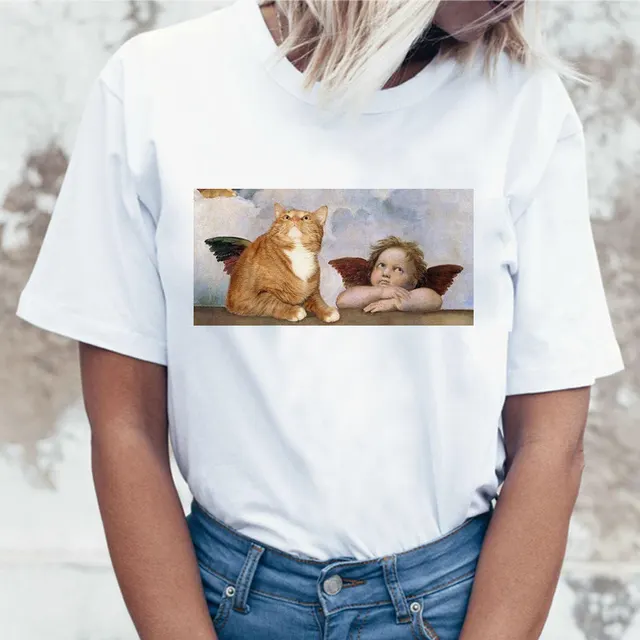 Spoof Cat Titanic Funny Van Gogh Impression Painting Printed T shirt Unisex Couple T shirt Street 2905 - Shop at LoveMi