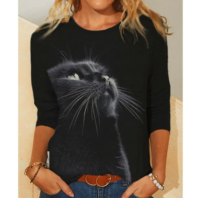 New Women's T shirt Independent Station Black Cat Pullover Print Round Neck Long Sleeve T shirt Black 3 - Shop at LoveMi