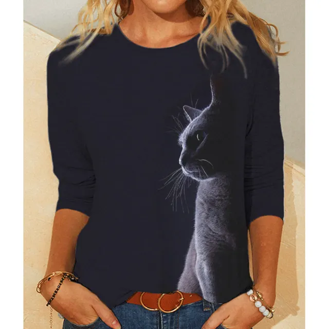 New Women's T shirt Independent Station Black Cat Pullover Print Round Neck Long Sleeve T shirt Black 6 - Shop at LoveMi