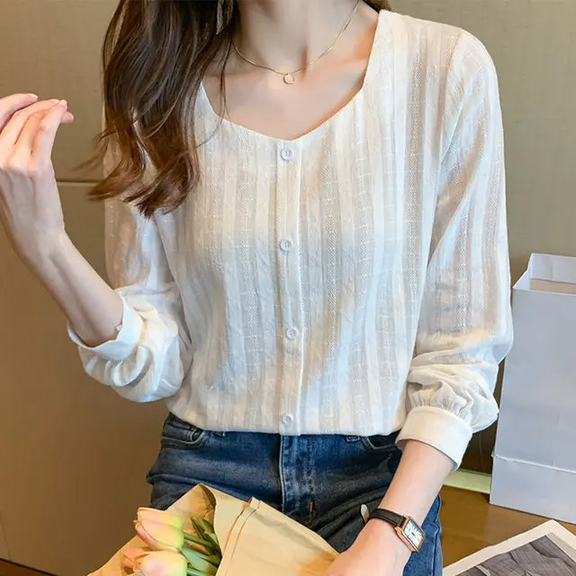 Flesh covering Long sleeved Shirt Top French Square Collar White - Shop at LoveMi