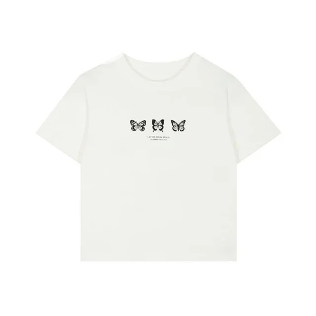 Butterfly Print Crew Neck T Shirt Letter Cropped Casual Top White - Shop at LoveMi