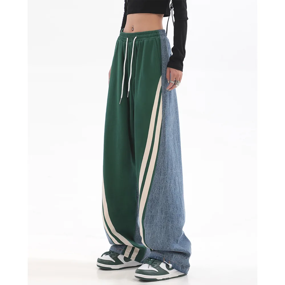 Retro High Street Stitching Jeans Women's Wide Leg Sports Leisure - Green - View 1