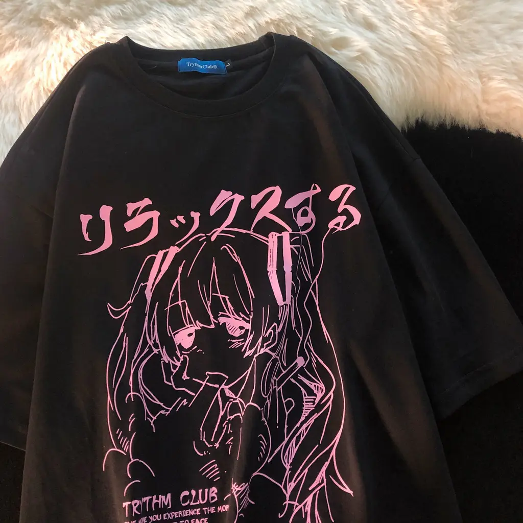 Women's Short Sleeve Harajuku Kawaii Casual Girl T-shirt Top - Black Cotton