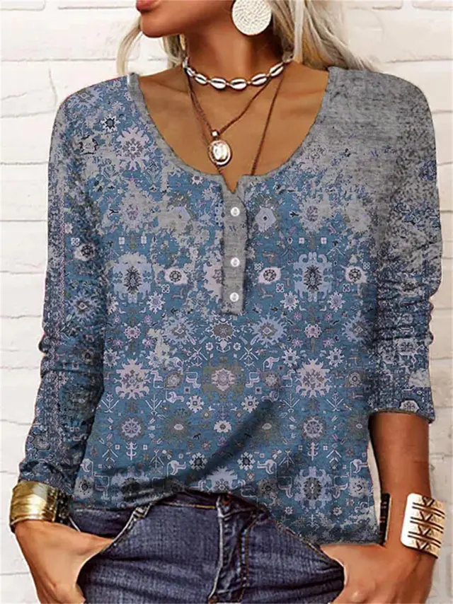 Women's Casual Loose Long Sleeve Flower Mang U Neck Button T Shirt Blue - Shop at LoveMi