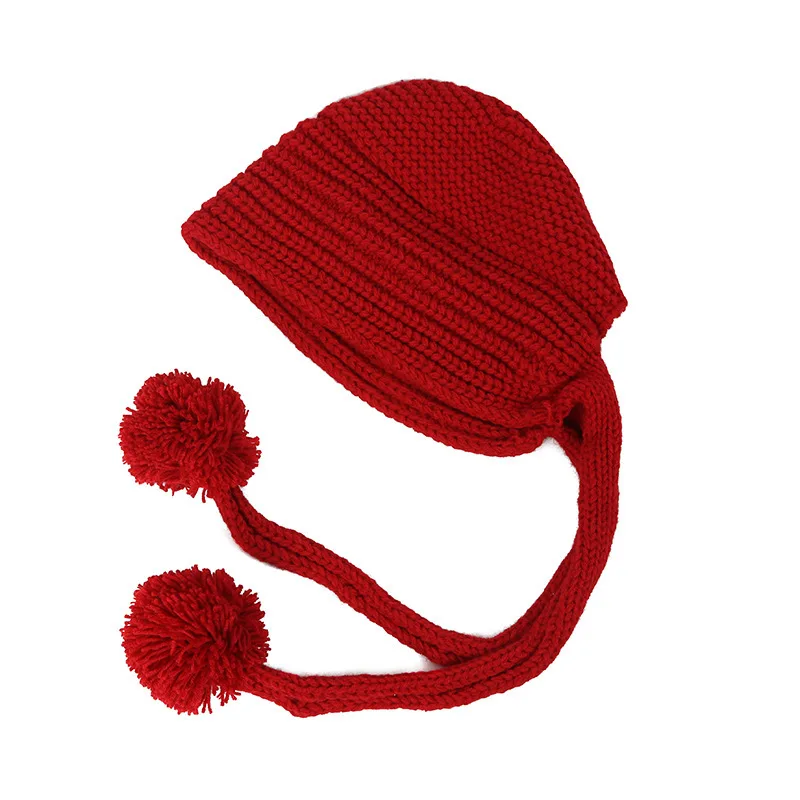 Women's Hand Knitted Long Lace-up Beanie Hat - Red