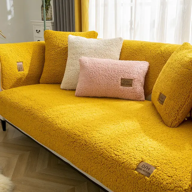 Modern Solid Color Winter Lamb Wool Sofa Towel Thicken Plush Soft And Smooth Sofa Covers For Living Room Anti slip Couch Cover Yellow - Shop at LoveMi