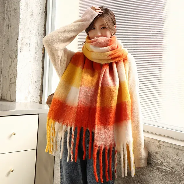 Warm Contrast Plaid Scarf With Big Fringe Orange Plaid - Shop at LoveMi