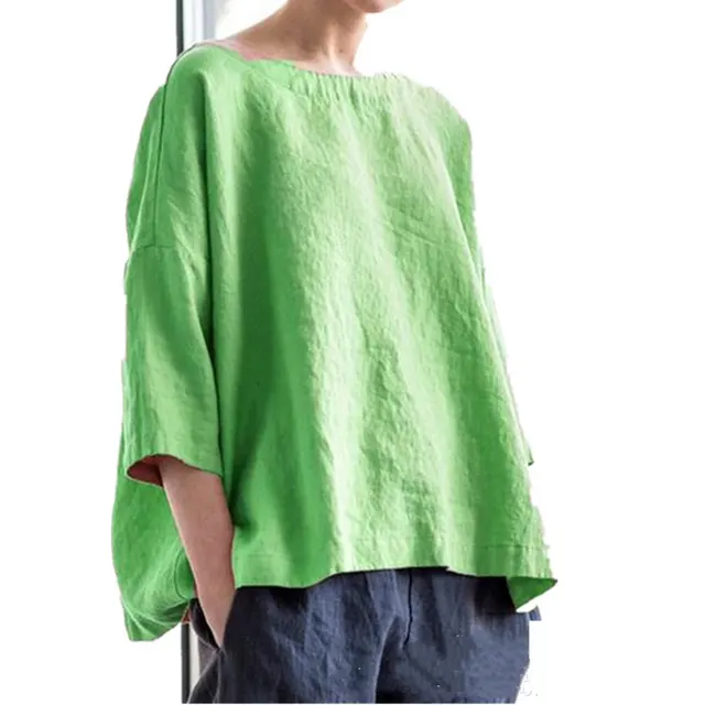 Women's Round Neck Cotton Linen Loose Top Short Sleeve Green - Shop at LoveMi