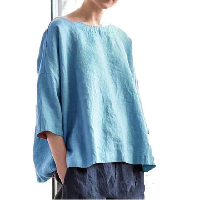 Women's Round Neck Cotton Linen Loose Top Short Sleeve Sky Blue - Shop at LoveMi