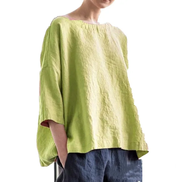 Women's Round Neck Cotton Linen Loose Top Short Sleeve Yellow - Shop at LoveMi