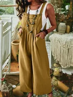 Women's Cotton Linen Pocket Casual Wide Leg Side Button Jumpsuit - Yellow