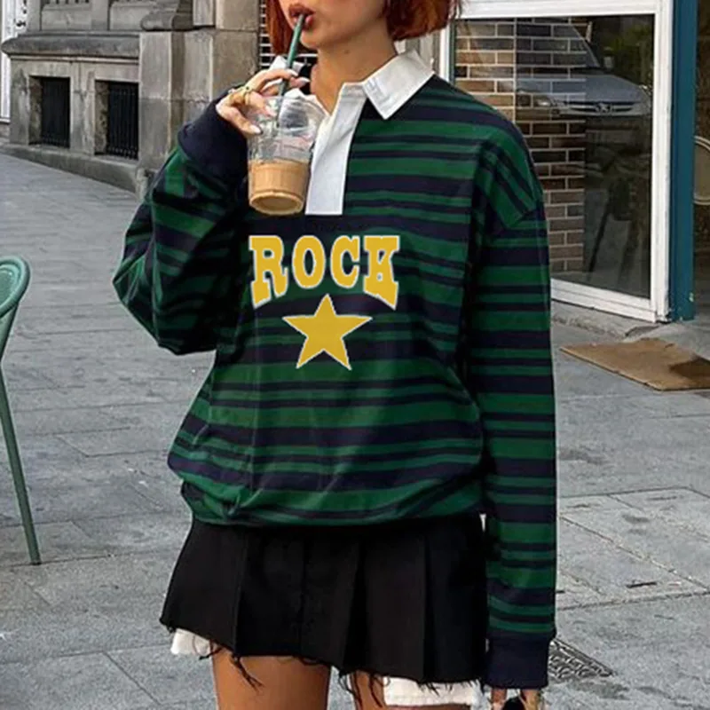 Personality Street College Striped Pentagram Print Sweatshirt Green - Shop at LoveMi