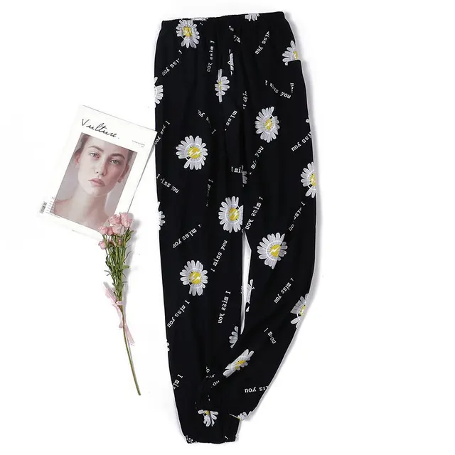 Women's Plus Size Cotton Pajama Pants Pants Black Daisy - Shop at LoveMi