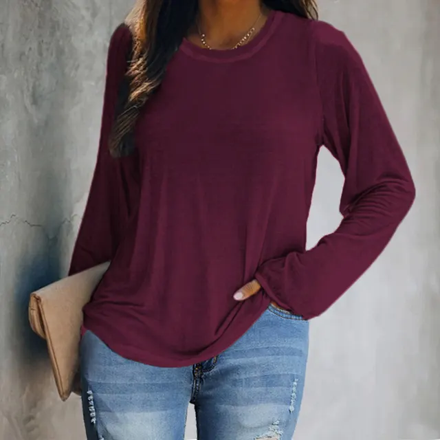 Round Neck Hem Casual Solid Color Long sleeved T shirt Wine Red - Shop at LoveMi