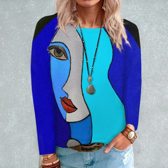 Fashion Loose Round Neck Face Print Long Sleeve Women's T Shirt Blue - Shop at LoveMi