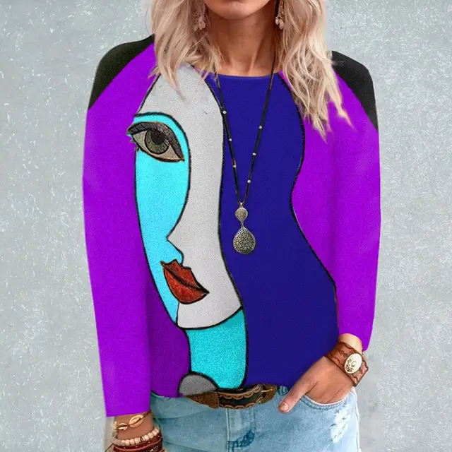 Fashion Loose Round Neck Face Print Long Sleeve Women's T Shirt Purple - Shop at LoveMi