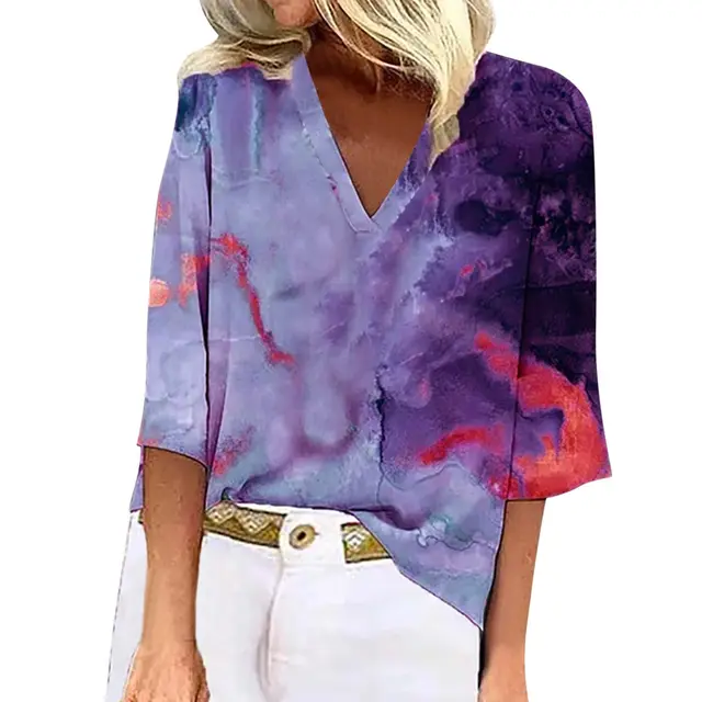 Spring And Summer New Pullover Loose Tie dye Print T shirt Top Purple - Shop at LoveMi