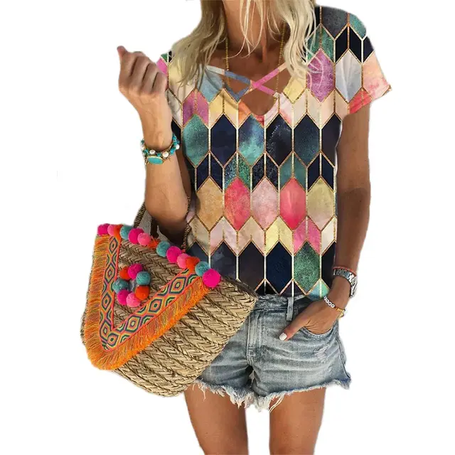 Women's Round Neck Diamond Retro Print Casual Top T Shirt Color - Shop at LoveMi