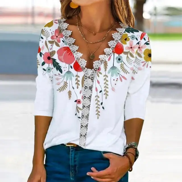 Loose And Comfortable Casual Lace V neck Printed Women's T shirt White - Shop at LoveMi