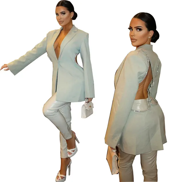 European And American Women's Personality Open back Fashion Suit Jacket Light Blue - Shop at LoveMi