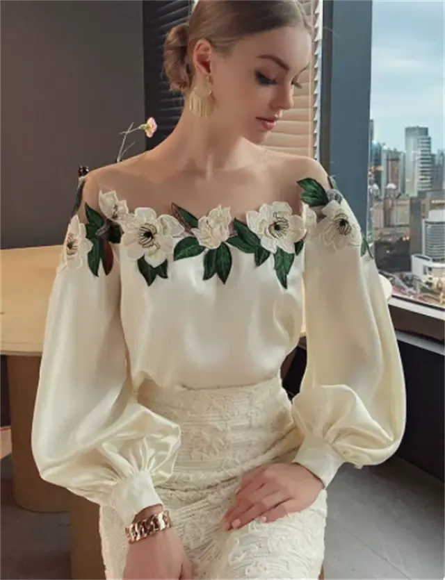Celebrity Style Heavy Industry Mesh Stitching Satin Embroidered Women's Shirt Beige - Shop at LoveMi