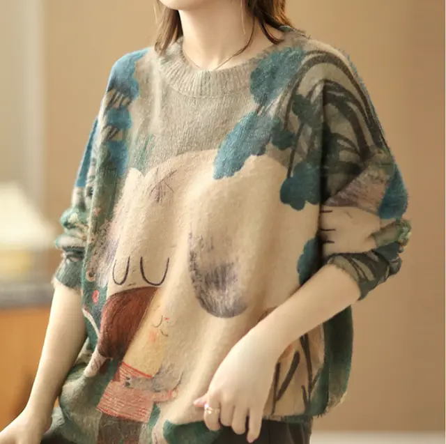 Vintage Ink Painting Faux Mink Sweater Picture Color - Shop at LoveMi