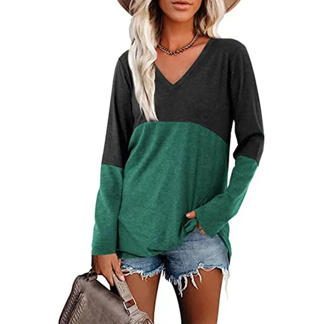 Contrast Panel V Neck Long Sleeve Loose Blouse Dark Green - Shop at LoveMi