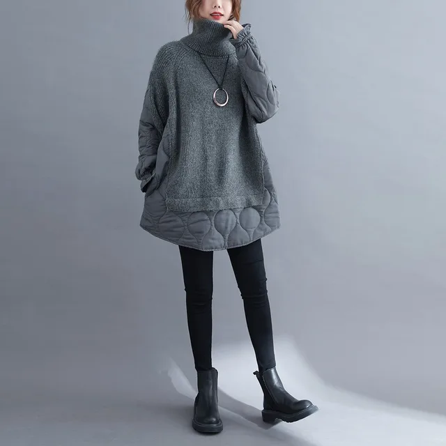 Women's Thickened Stitched Turtleneck Knitted Sweater Grey - Shop at LoveMi