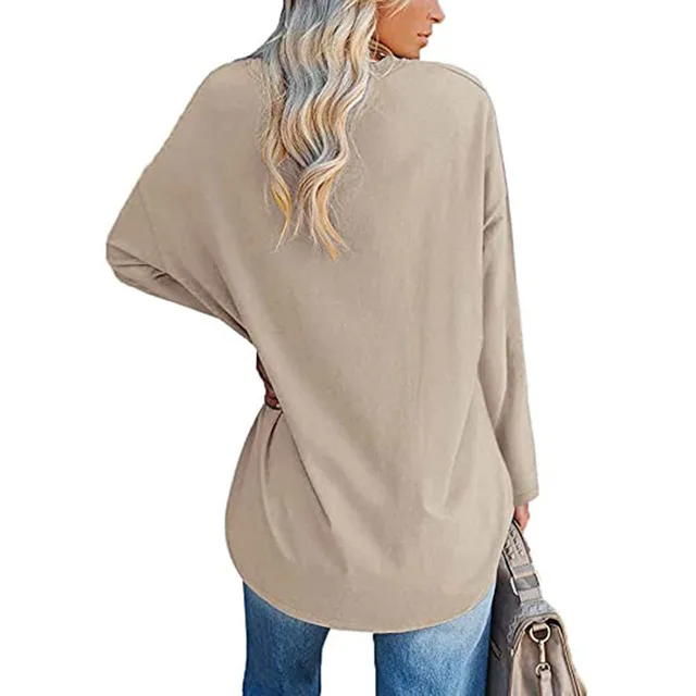 Solid Color Loose Drop Shoulder Sleeve V Neck Long Sleeve Blouse Apricot - Shop at LoveMi