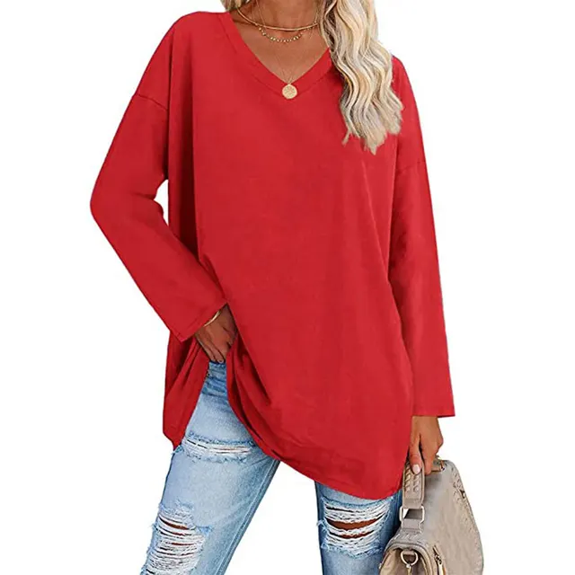 Solid Color Loose Drop Shoulder Sleeve V Neck Long Sleeve Blouse Red - Shop at LoveMi