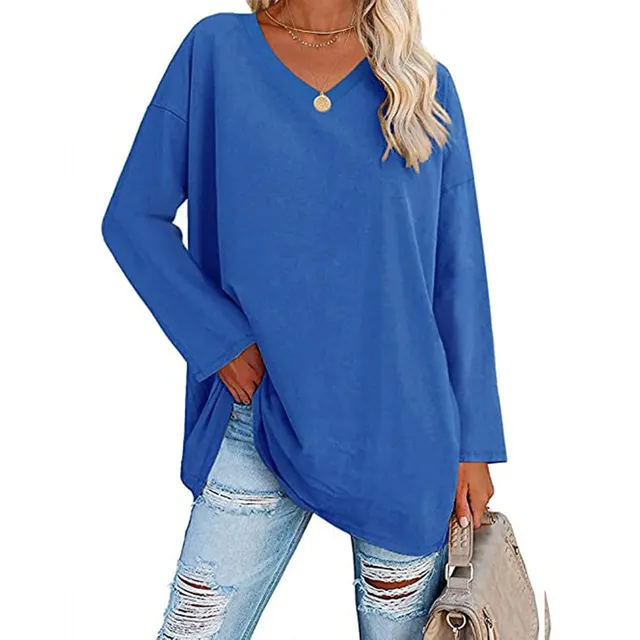 Solid Color Loose Drop Shoulder Sleeve V Neck Long Sleeve Blouse Royal Blue - Shop at LoveMi