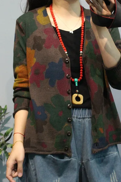 Women's Lazy Style Floral Knitted Cardigan Coffee - Shop at LoveMi