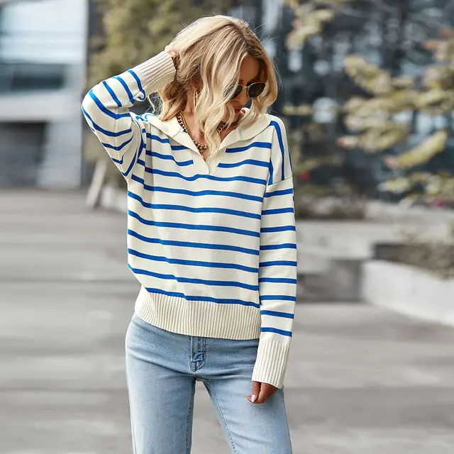Women Striped Long Sleeve Pullover Sweater Casual Loose Polo V Neck Color Block Lightweight Knitted Fall Shirts Tops Blue - Shop at LoveMi