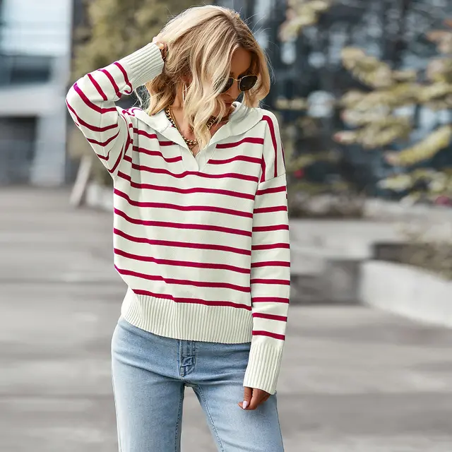 Women Striped Long Sleeve Pullover Sweater Casual Loose Polo V Neck Color Block Lightweight Knitted Fall Shirts Tops Wine Red - Shop at LoveMi