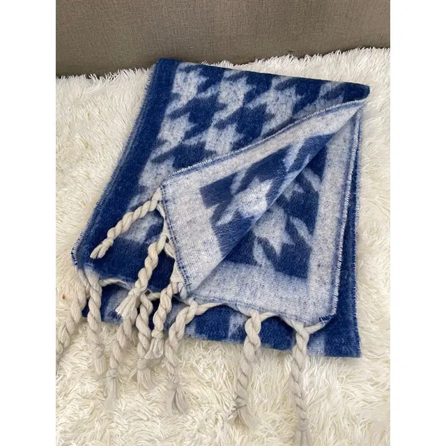 Women's Thick Fringed Houndstooth All match Shawl Scarf Navy Blue - Shop at LoveMi