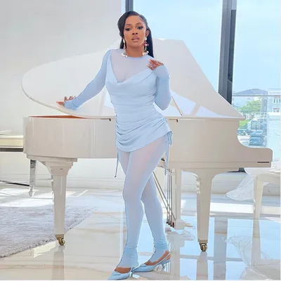 Solid Color Sling Pleated Drawstring Long Sleeve Fashion Mesh Two piece Set Blue - Shop at LoveMi