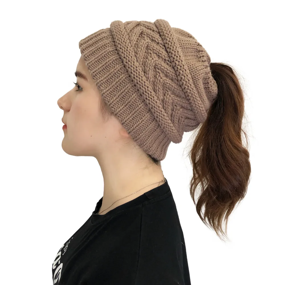 Ladies Ponytail Beanie Knit Stretch Hat - Khaki