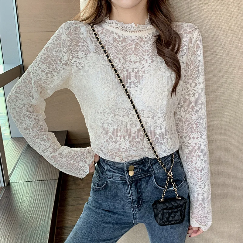 Women's Western Style Mesh Lace Bottoming Shirt Apricot - Shop at LoveMi