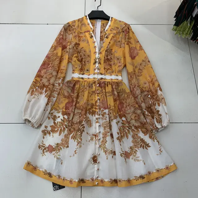 Tie Dye Print Stand Collar Single Breasted Balloon Sleeve Slim Fit Dress Orange - Shop at LoveMi